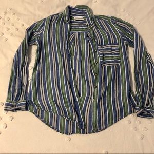 Blue, Green, White Striped Button Up Shirt.